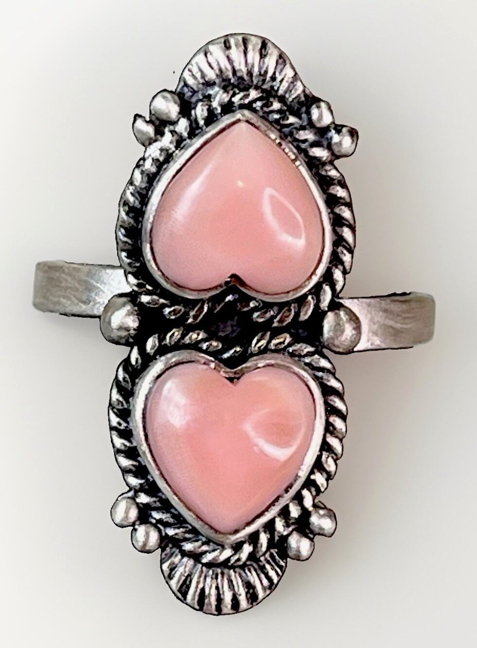 Pink Conch Double Heart Southwestern Sterling Silver Ring Adjust Size